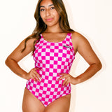 UPF50+ Women's One Piece Swimsuit in Bubble Gum Checkered