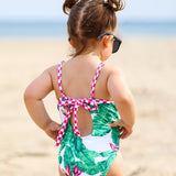 UPF50+ Girls Bow-Back One Piece Swimsuit in Palm Paradise