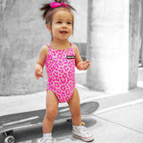 UPF50+ Girls Bow-Back One Piece Swimsuit in Bubble Gum Leopard