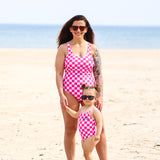 UPF50+ Girls Bow-Back One Piece Swimsuit in Bubble Gum Checkered