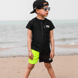 Hybrid Swim Trunks in Neon Electric Lime + Black Colorblock