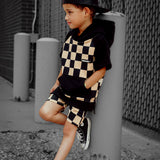 Short Sleeve Hoodie in Taupe + Black Checkered
