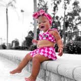 UPF50+ Retro Skirted Bikini Two Piece Swimsuit in Bubble Gum Checkered