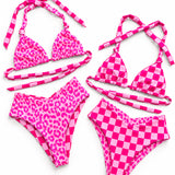 UPF50+ Women's Reversible Bikini in Bubble Gum Checkered x Bubble Gum Leopard