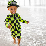 UPF50+ Boys Swim Romper in Neon Electric Lime + Black Checkered