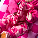 Hooded Fleece Romper in Bubble Gum Checkered