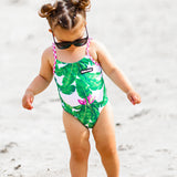 UPF50+ Girls Bow-Back One Piece Swimsuit in Palm Paradise