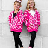 Girl's Full Zip Hoodie in Bubble Gum Checkered