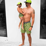 Men's Hybrid Swim Trunks in Neon Electric Lime Smiley