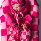 Hooded Fleece Romper in Bubble Gum Checkered