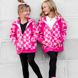 Girl's Full Zip Hoodie in Bubble Gum Checkered