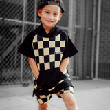 Short Sleeve Hoodie in Taupe + Black Checkered