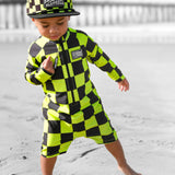 UPF50+ Boys Swim Romper in Neon Electric Lime + Black Checkered