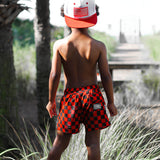 Hybrid Swim Trunks in Americana Red + Black Checkered