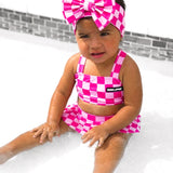 UPF50+ Retro Skirted Bikini Two Piece Swimsuit in Bubble Gum Checkered