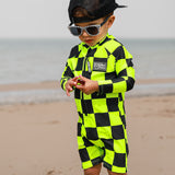 UPF50+ Boys Swim Romper in Neon Electric Lime + Black Checkered