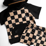 Short Sleeve Hoodie in Taupe + Black Checkered