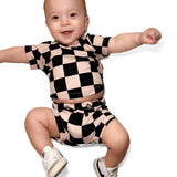 Bummie Two Piece Set in Taupe + Black Checkered