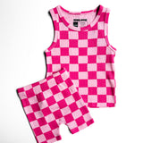 Tank + Biker Two Piece Set in Bubble Gum Checkered