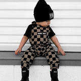 Overalls in Checkered Taupe + Black