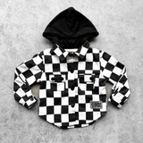 Hooded Flannel in Black + Cream Checkered