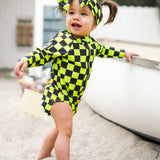 UPF50+ Swim Bow in Neon Electric Lime + Black Checkered