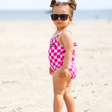 UPF50+ Girls Bow-Back One Piece Swimsuit in Bubble Gum Checkered