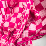 Organic Muslin Quilt in Bubble Gum Checkered x Bubble Gum Leopard