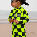 UPF50+ Boys Swim Romper in Neon Electric Lime + Black Checkered