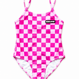 UPF50+ Girls Bow-Back One Piece Swimsuit in Bubble Gum Checkered