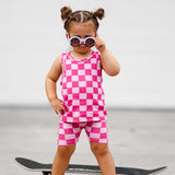 Tank + Biker Two Piece Set in Bubble Gum Checkered