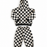 Fleece Hoodie + Sweatpants Set in Cream + Black Checkered