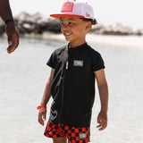 Hybrid Swim Trunks in Americana Red + Black Checkered