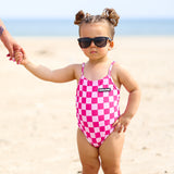 UPF50+ Girls Bow-Back One Piece Swimsuit in Bubble Gum Checkered
