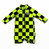 UPF50+ Boys Swim Romper in Neon Electric Lime + Black Checkered