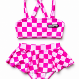 UPF50+ Retro Skirted Bikini Two Piece Swimsuit in Bubble Gum Checkered