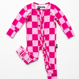 Ruffled Bamboo Zippy Sleeper in Bubble Gum Checkered
