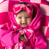 Hooded Fleece Romper in Bubble Gum Checkered