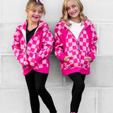 Girl's Full Zip Hoodie in Bubble Gum Checkered