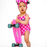 UPF50+ Girls Bow-Back One Piece Swimsuit in Bubble Gum Checkered