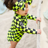 UPF50+ Swim Bow in Neon Electric Lime + Black Checkered
