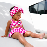 UPF50+ Retro Skirted Bikini Two Piece Swimsuit in Bubble Gum Checkered