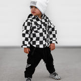 Hooded Flannel in Black + Cream Checkered