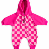 Hooded Fleece Romper in Bubble Gum Checkered