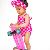 UPF50+ Girls Bow-Back One Piece Swimsuit in Bubble Gum Checkered