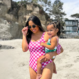 UPF50+ Women's One Piece Swimsuit in Bubble Gum Checkered