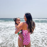 UPF50+ Women's One Piece Swimsuit in Bubble Gum Checkered