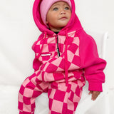 Hooded Fleece Romper in Bubble Gum Checkered