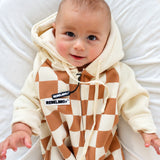 Hooded Fleece Romper in Cream + Taupe Checkered