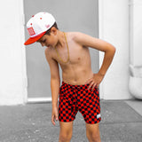 Hybrid Swim Trunks in Americana Red + Black Checkered